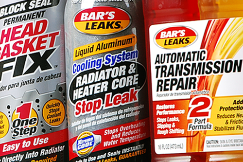 Three automotive repair products including a head gasket fix, a radiator and heater core stop leak, and an automatic transmission repair solution.