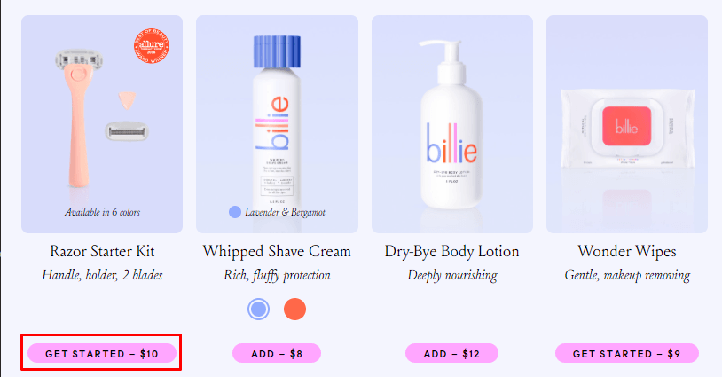 Pink call to action buttons on Billie's website inviting people to purchase products