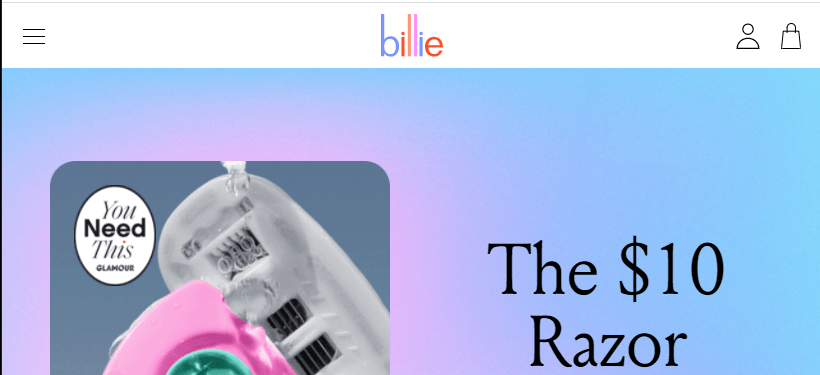 Billie's website design featuring a blue and pink color scheme