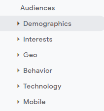Menu to get to demographics for your target audience in Google Analytics