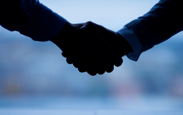 Silhouetted handshake between two individuals against a blurred background, symbolizing a professional or formal agreement.