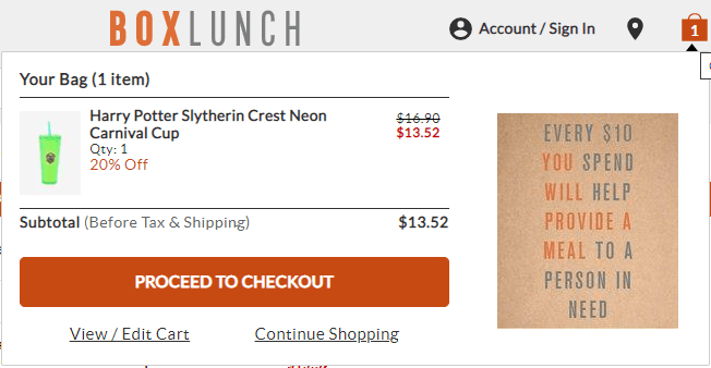 Box Lunch's checkout process with a pop-up box