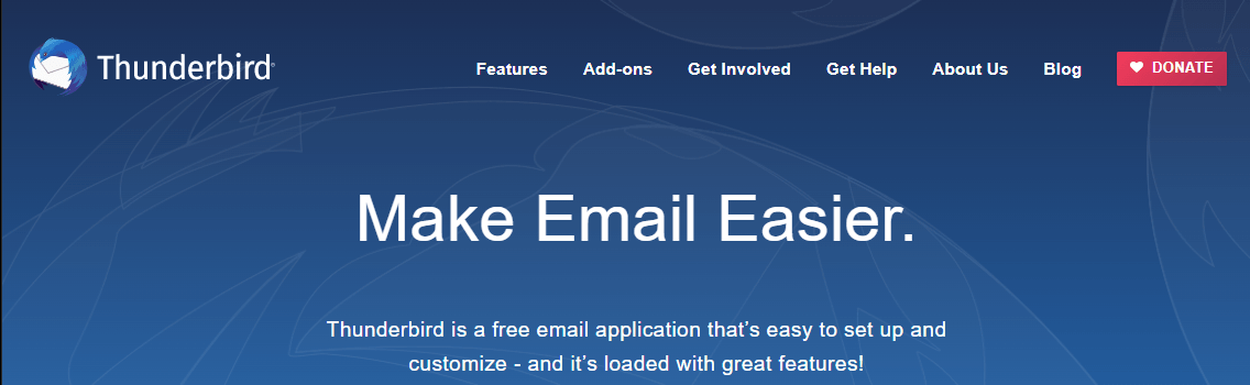 Homepage for Mozilla Thunderbird's email service