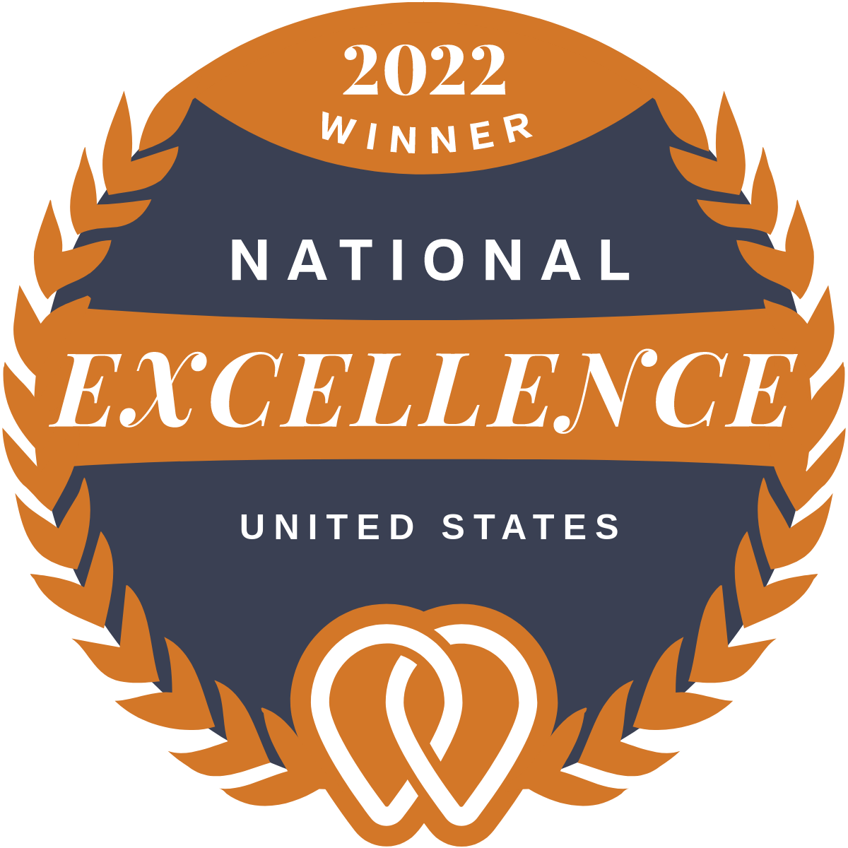 2022 Winner National Excellence United States emblem with a dark blue center, orange laurel wreath design, and a heart intertwined with a loop at the bottom.