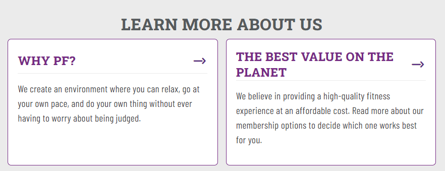 Copywriting on Planet Fitness's website about what they offer