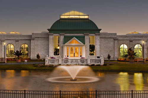 Twilight view of a classical building with a central dome and illuminated windows, reflected in a water body with a central fountain, surrounded by a landscaped garden with palm trees.