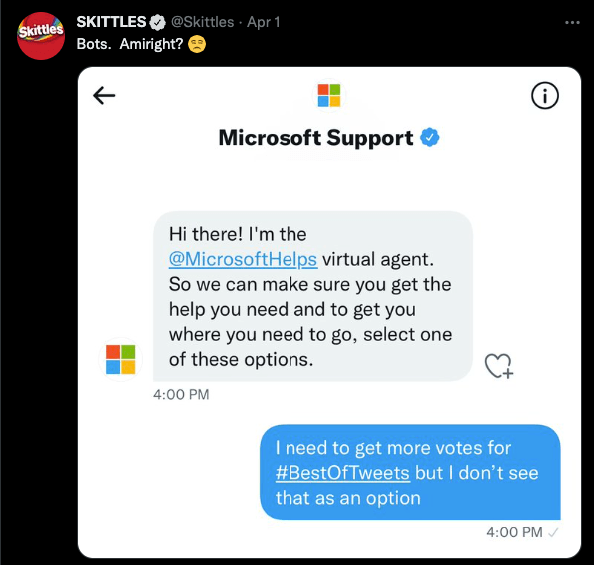 Skittles posting an image of them talking to Microsoft support asking for more votes