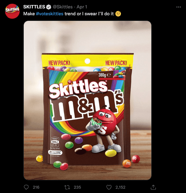 Skittles posting a prank photo of their candy mixed with M&Ms