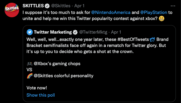 Skittle tweeting trying to beat XBox in a Twitter contest