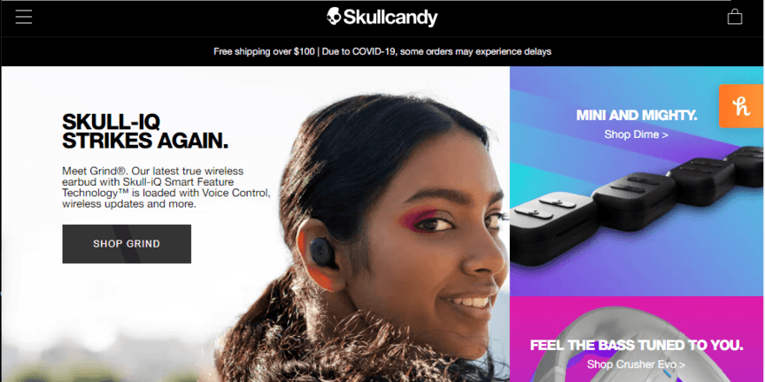 Homepage for Skullcandy featuring a girl modeling their headphones