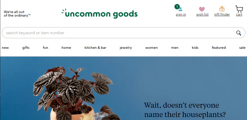 Website homepage for Uncommon Goods