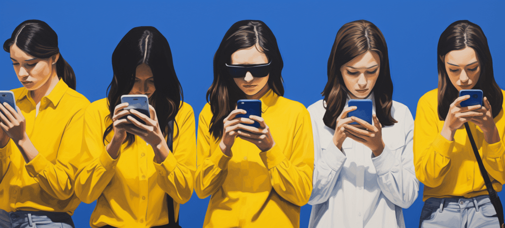 Women standing in a line staring at their phones