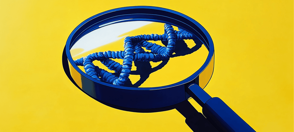 Blue DNA strand under a magnifying glass