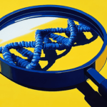 Blue DNA strand under a magnifying glass