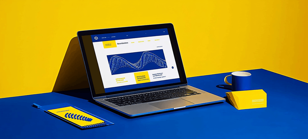 Laptop on a blue and yellow desk
