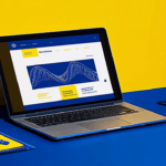 Laptop on a blue and yellow desk