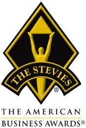 Logo of The American Business Awards featuring a black and gold diamond-shaped design with a silhouette of a person holding up a star above the text 'THE STEVIES' and 'THE AMERICAN BUSINESS AWARDS' written below.