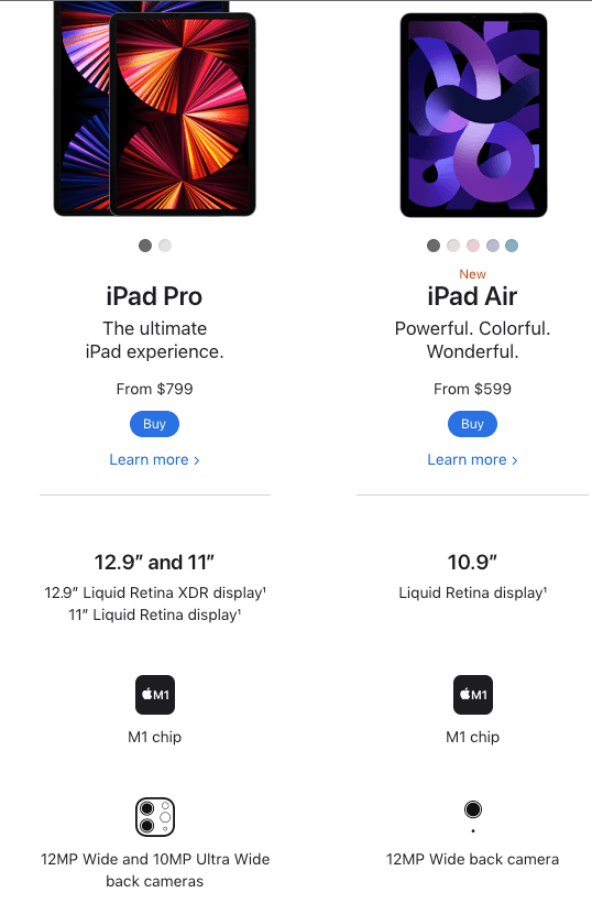 Apple product specs for their iPads