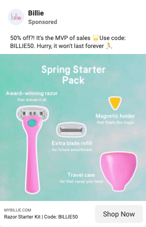 Billie Instagram ad about their unique razor