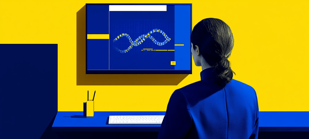 Woman in blue at a desk looking at a DNA diagram on a screen.