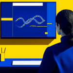Woman in blue at a desk looking at a DNA diagram on a screen.