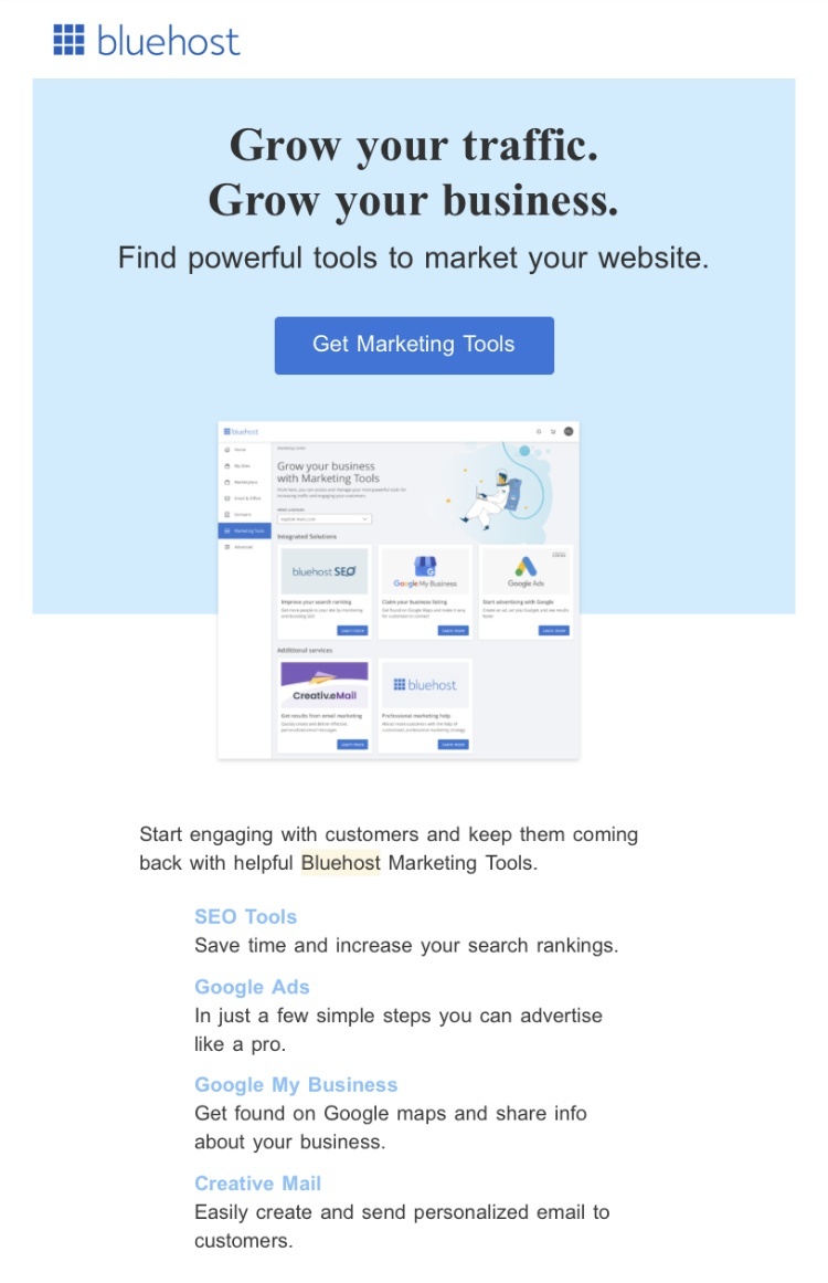 Bluehost email about marketing tools