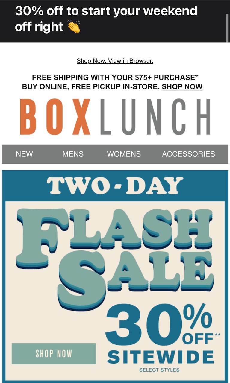 Box Lunch's email promotion for their flash sale