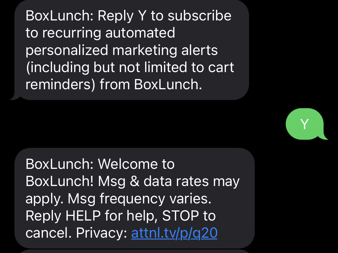 Opt-in text message from Box Lunch