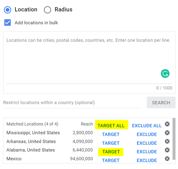 Entering multiple locations to target on Google