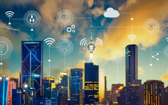 A city skyline at twilight with digital icons representing smart city technology concepts like wireless communication and cloud computing, interconnected by dotted lines.