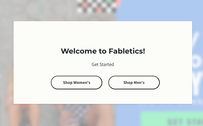 Fabletics entrance navigation pop-up