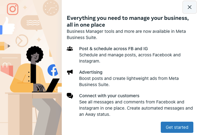 Pop up notification about Facebook Business Suite