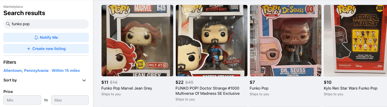 Facebook Marketplace listings for Funko pops