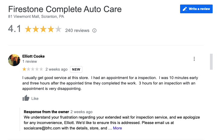 Firestone Google review response