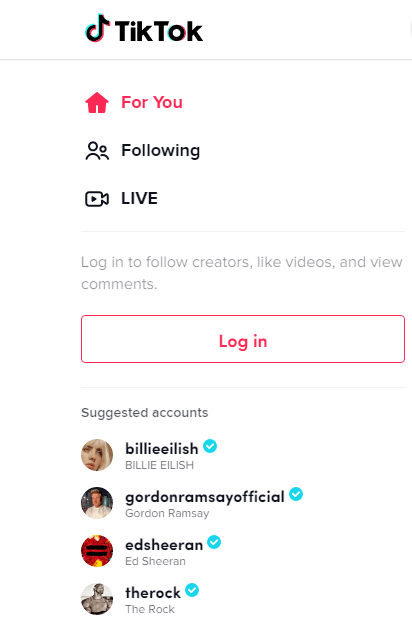 TikTok log in page with suggested accounts of popular personalities
