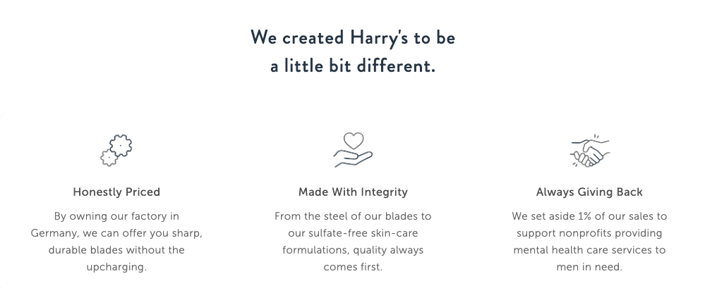 Content on Harry's website detailing their unique selling points