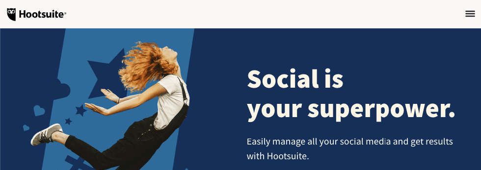 Hootsuite's homepage featuring a blue and white design