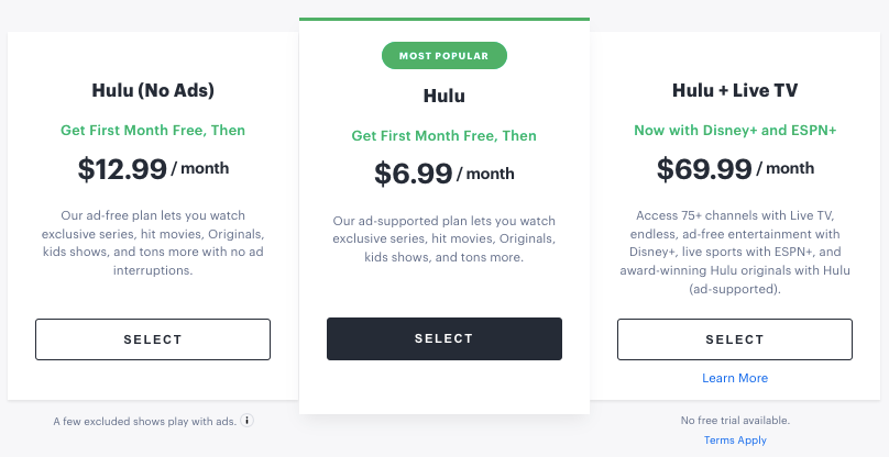 Hulu account signup options