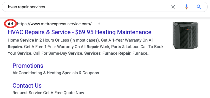 Paid search results for "hvac repair services"