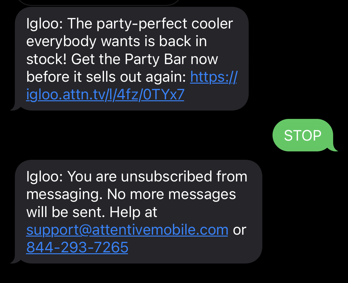 Igloo opt-out message confirmation