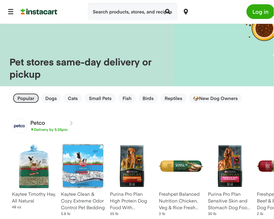 Pet products on Instacart's website