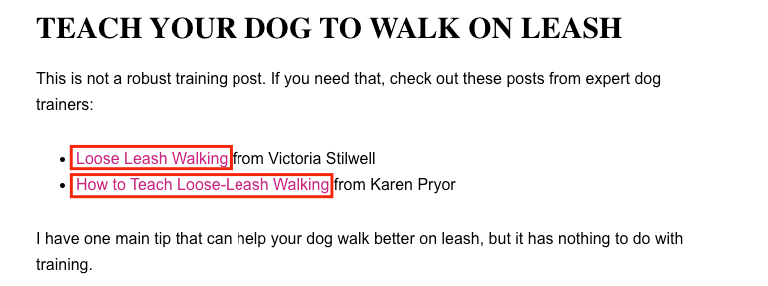 Internal links on a blog about dog leashes