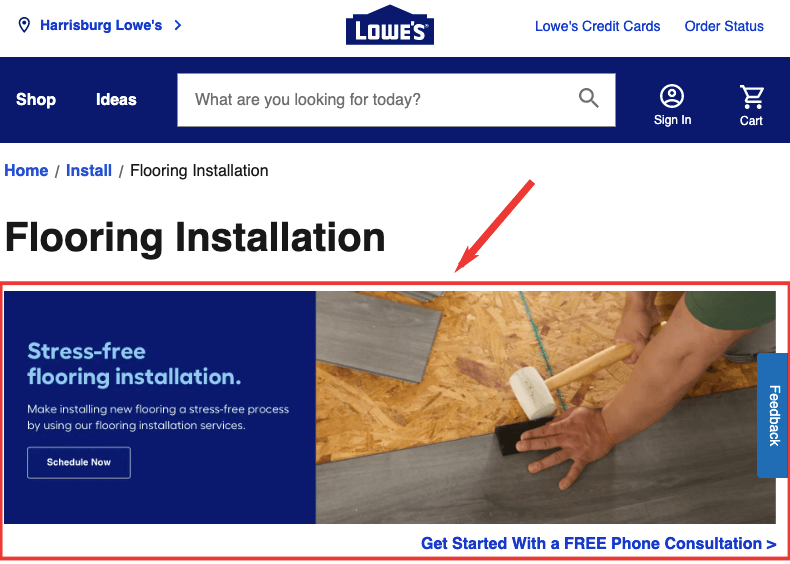 Lowe's Flooring Installation page with CTA