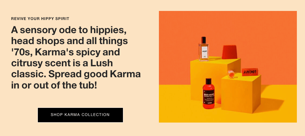 A part of Lush's website that features an orange picture of their products