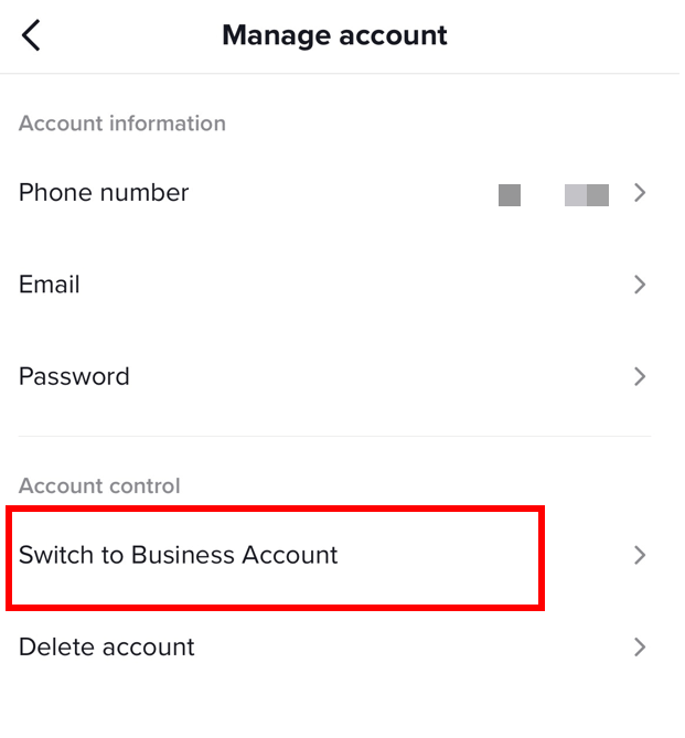 tiktok business account option in the account settings