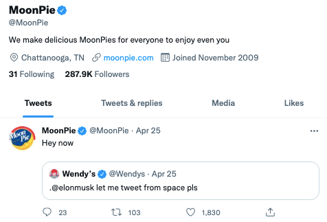 MoonPie Twitter bio and tweet