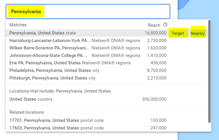 Location targeting for Pennslyvania