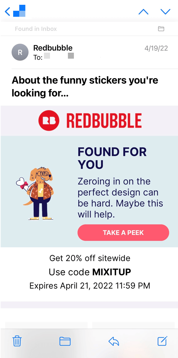 A personalized email from Redbubble