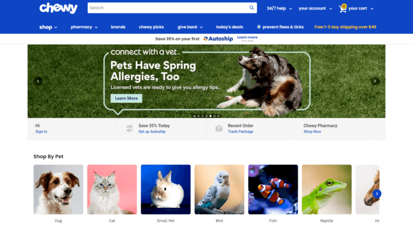 Pet product web design: Chewy