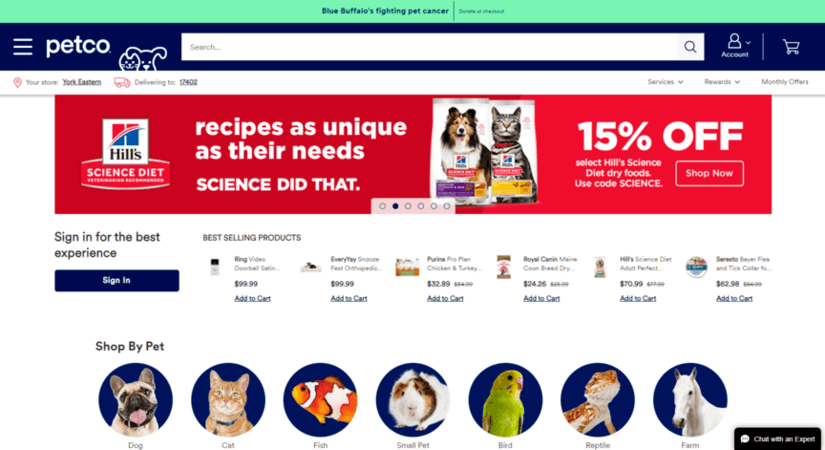 Pet product web design: Petco